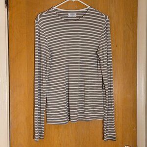 Mott 50 Pullover Crewneck Top Size L UPF 50 Tan Striped Bamboo Stretch Gorpcore